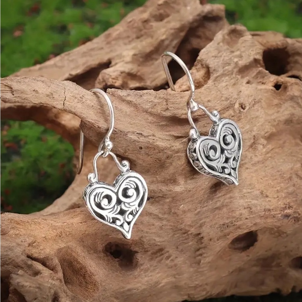 Sterling Silver Heart Filigree Drop Earrings - Silver - Picture 2 of 4